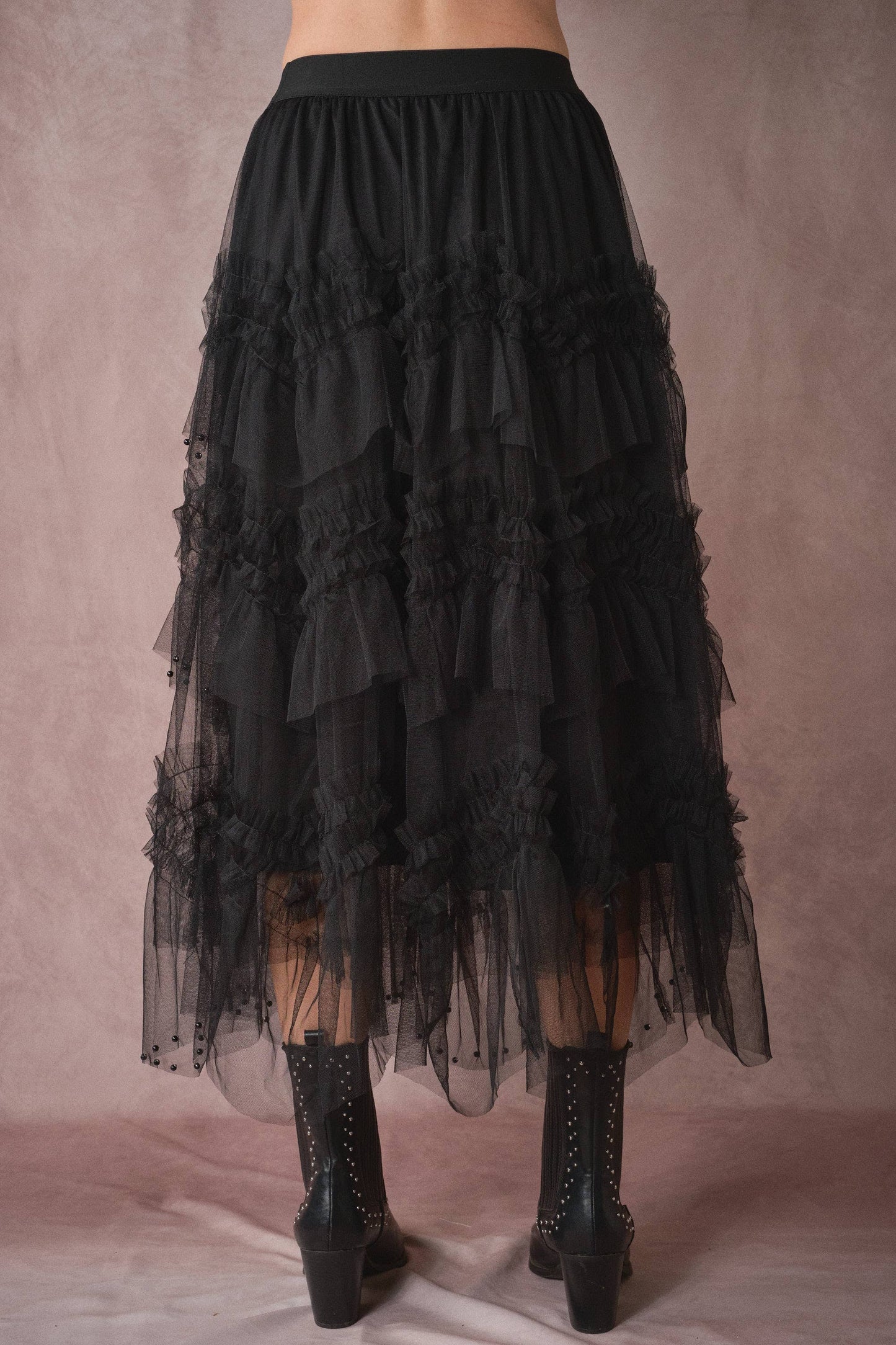Black Tiered Ruffle Tulle Skirt With Pearls