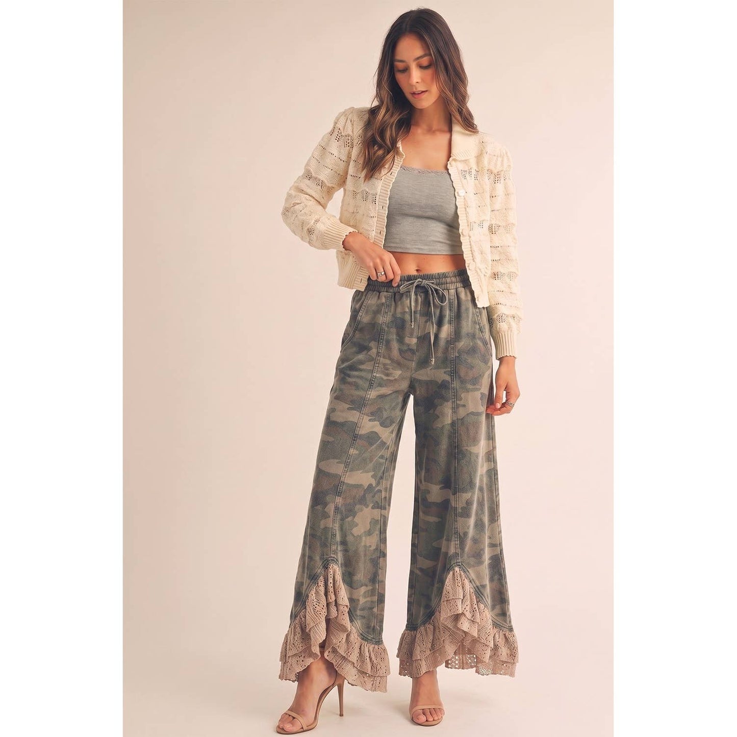 PREORDER JULY SHIP Vintage Lace Infused Couture Elastic Waist Pants: CAMO