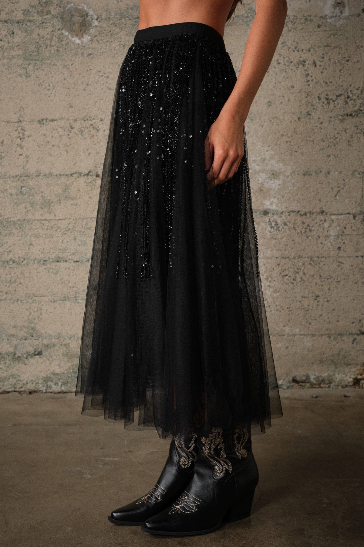 Starlight Beaded Mesh Midi Skirt