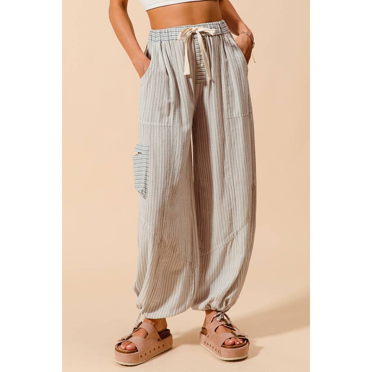 JUNE Ship MULTI STRIPE BLOCK BALLOON STYLE PANTS : VINTAGE DENIM