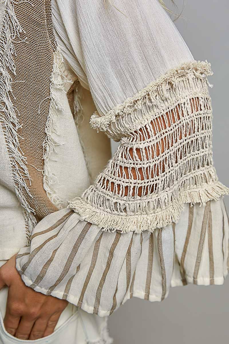 POL Raw Edge Contrast Panels Textured Woven Boxy Top