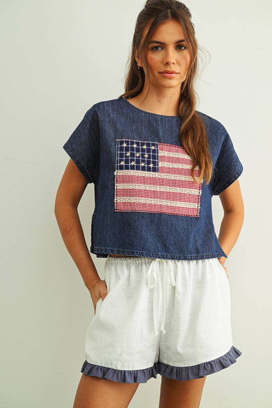 T6928   MIXED FABRIC FLAG PATCHED DOLMAN SLEEVE TOP