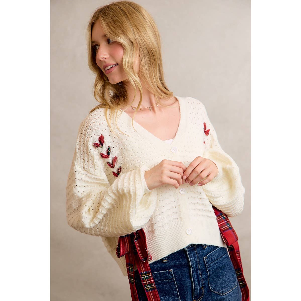 WRAPPED WITH A BOW CHRISTMAS CHECKERED PLAID TAPE LACE TEXTURE SWEATER CARDIGAN