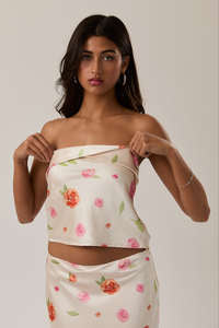 2 PIECE CREAM ROSE FLORAL STRAPLESS/SKIRT SET