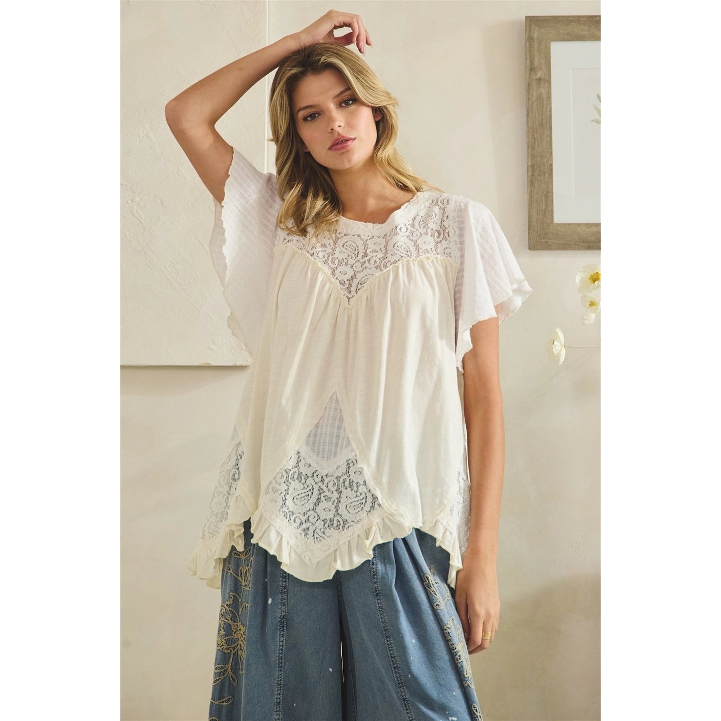 Oli and Hali Washed lace ruffle hem tunic - Vintaged white