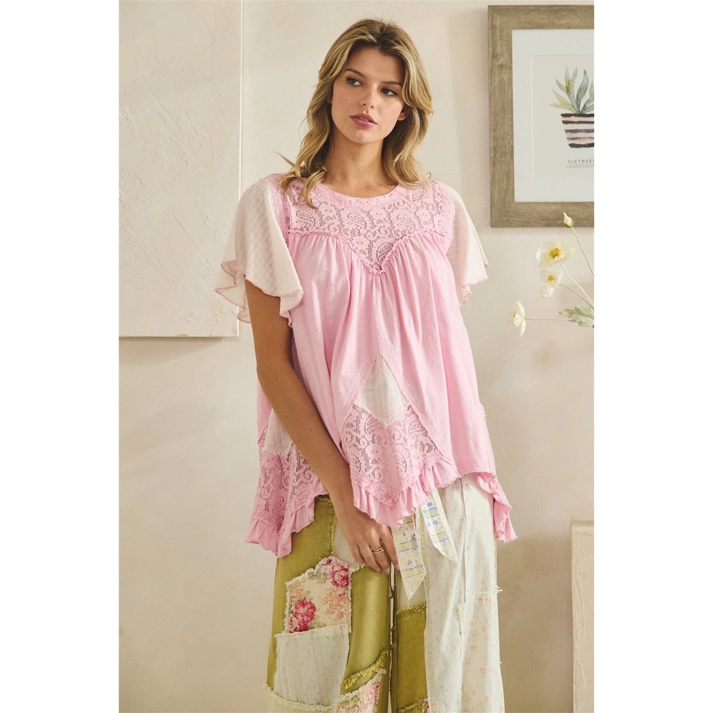 Oli and Hali -Washed lace ruffle hem tunic - Peony Pink