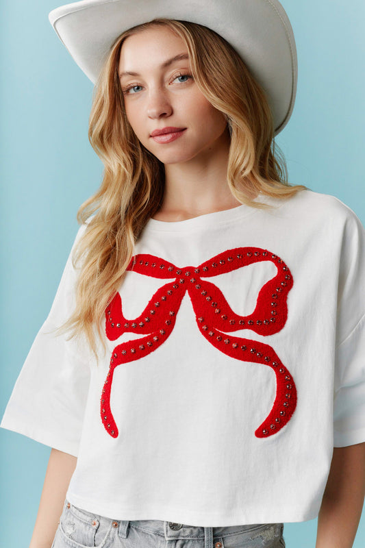 White sequin red bow shirt