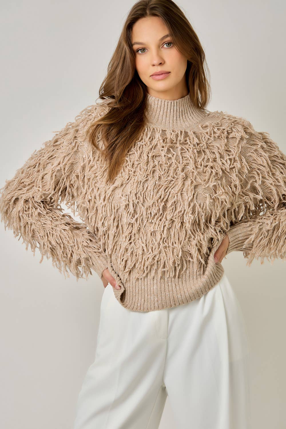 61640 Shaggy Knit Pullover Sweater: Ivory