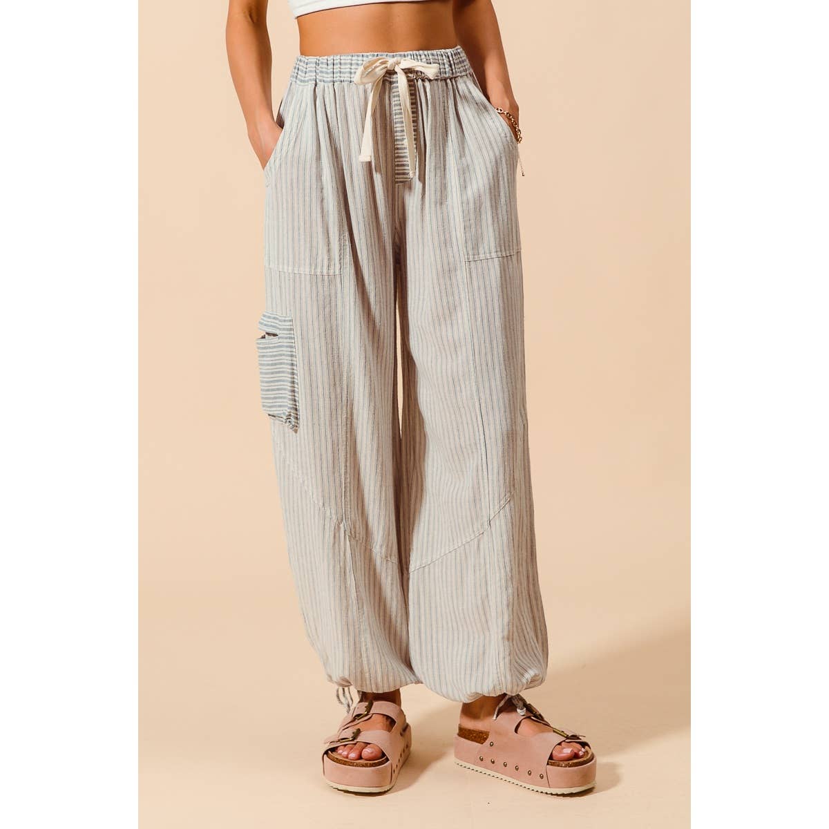 JUNE Ship MULTI STRIPE BLOCK BALLOON STYLE PANTS : VINTAGE DENIM