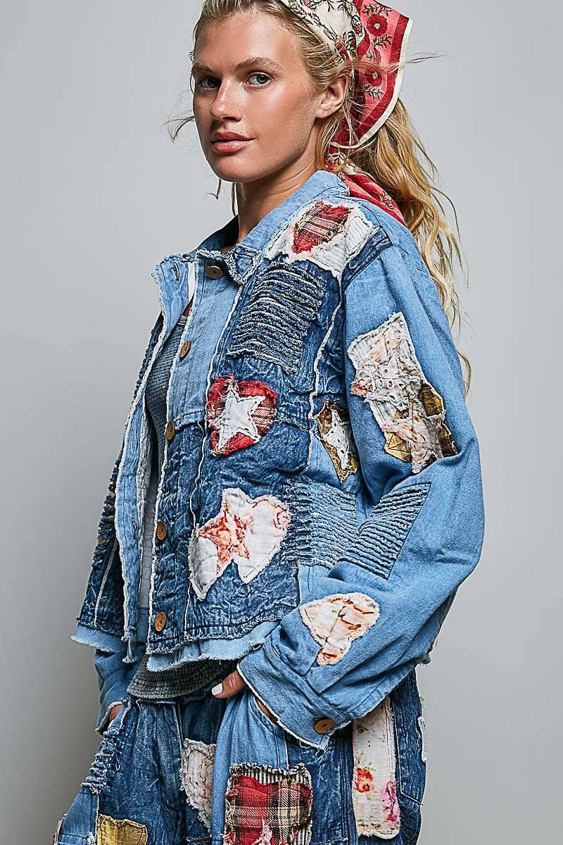 AUG 1st SHIP. Artisan Patchwork Denim Handcrafted Appliqué Vintage Jacket: DENIM MULTI