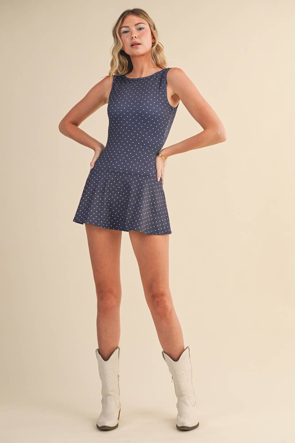 Polka Dot Print A-Line Mini Dress with Drop Waist