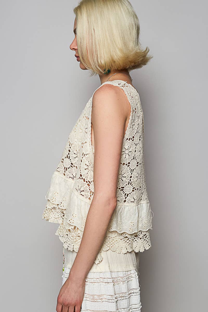 POL Round neck ruffle embroidered eyelet crochet top