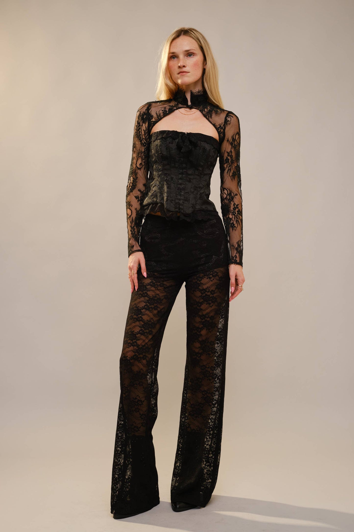 23781P Floral Lace Western Stitch Inner Short Flare Pants: BLACK