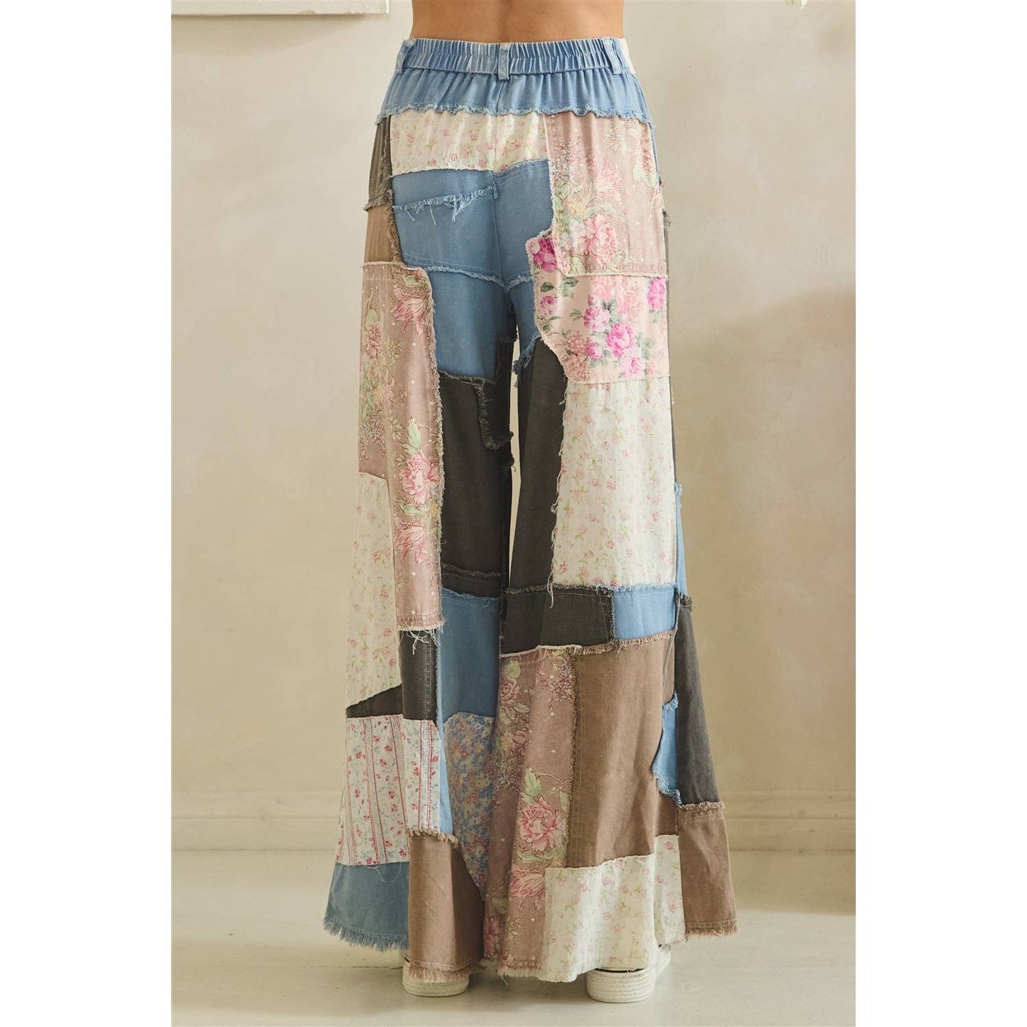 WASHED FLORAL PATCHWORK FLARE PANTS