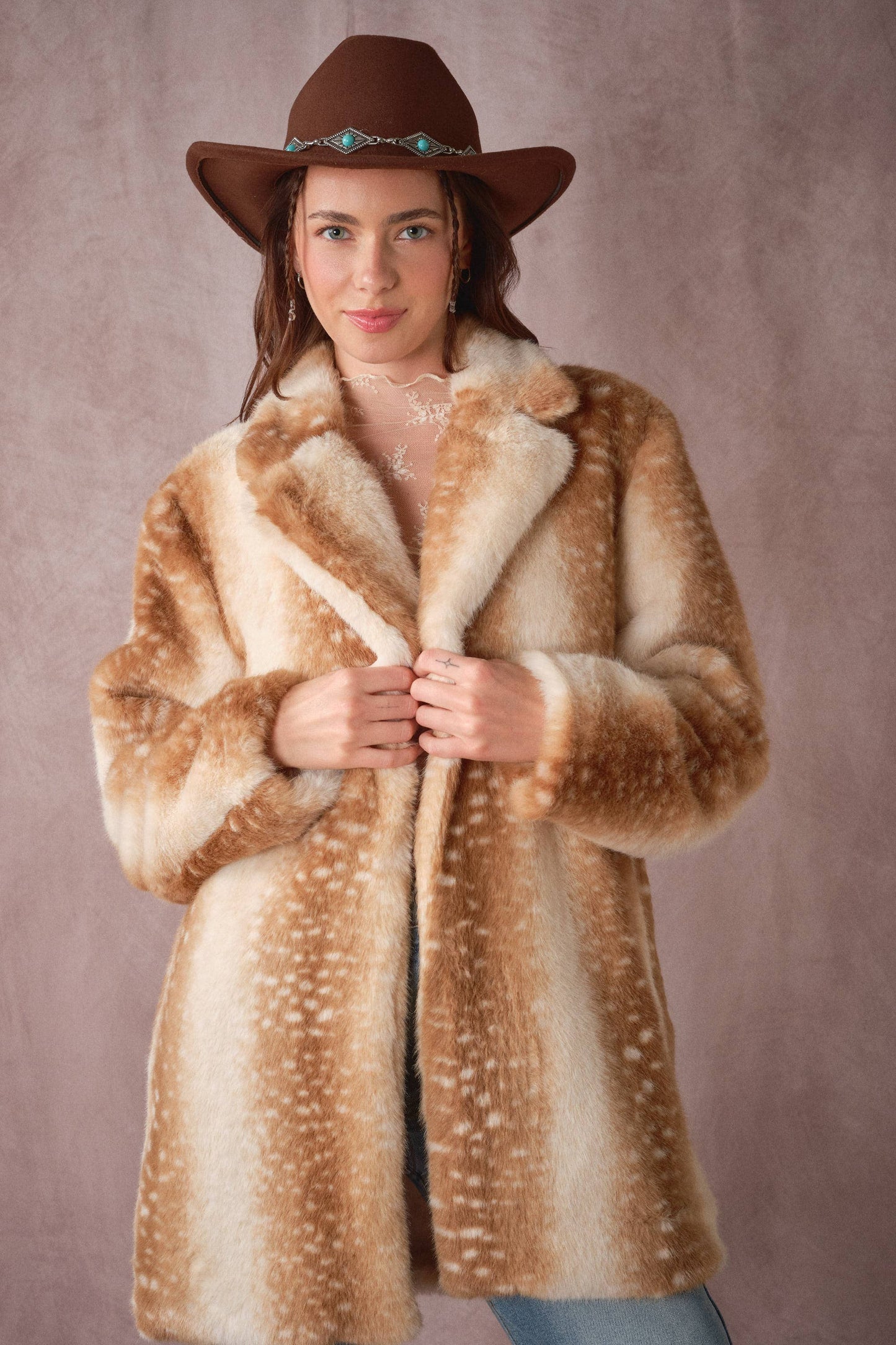 Deer Print Faux Fur Coat: TAUPE