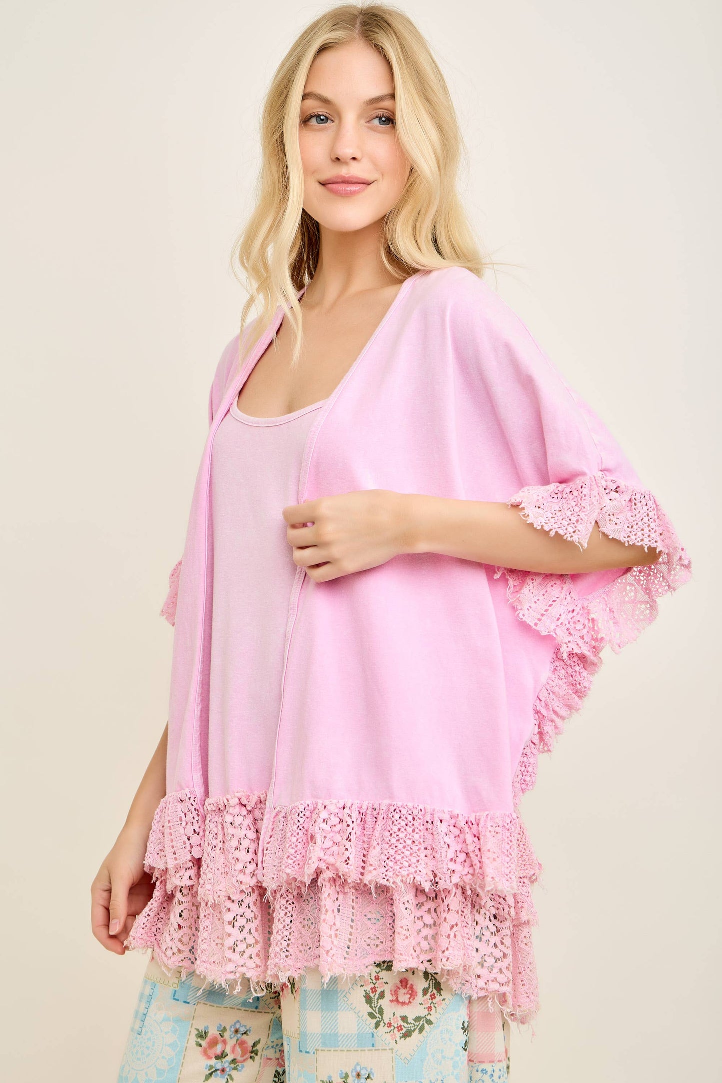Mineral Washed Lace Detail Kimono
