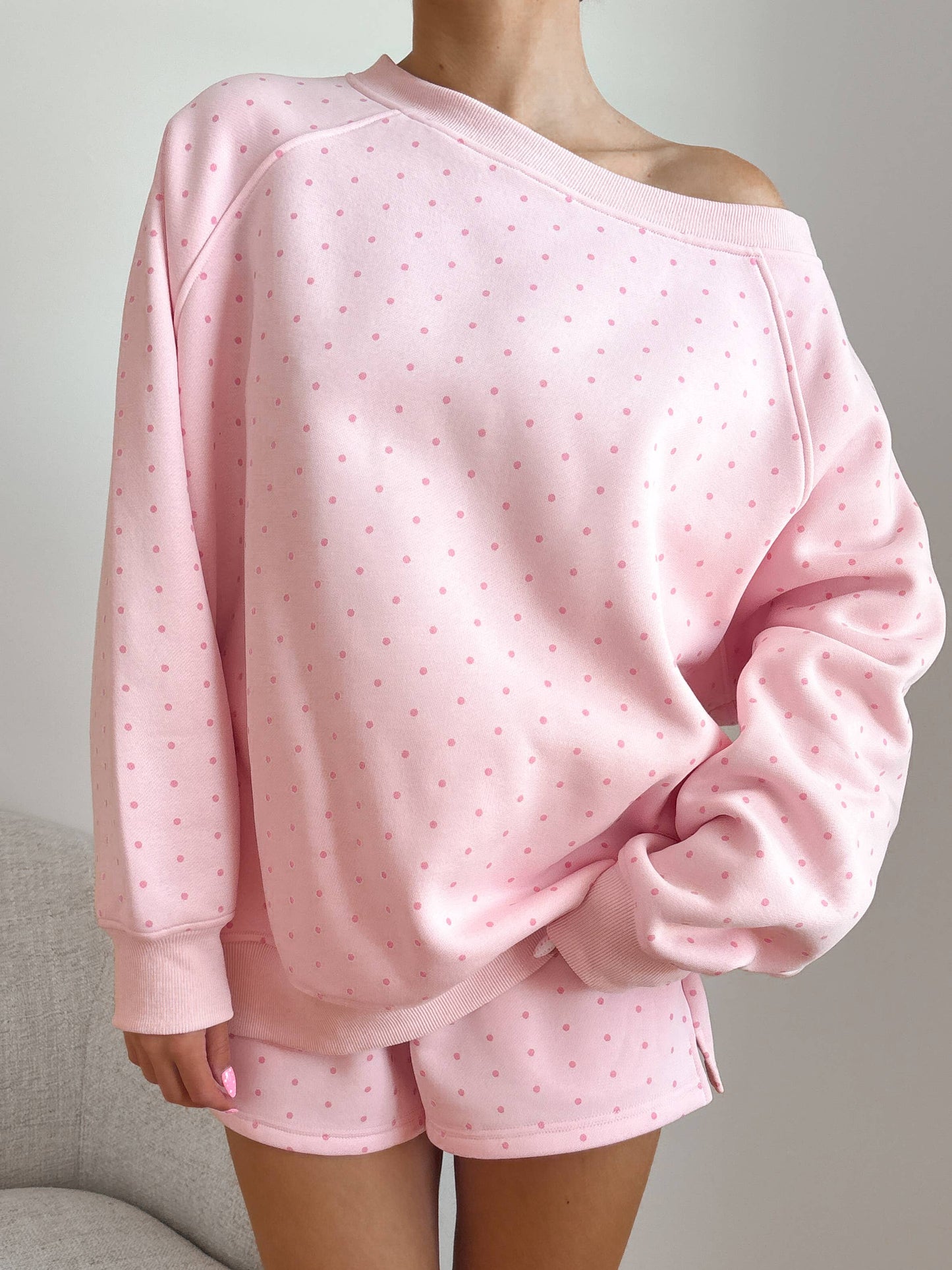 JUNE SHIP SUNKISSED COCONUT Light Pink Polka Dot Off The Shoulder Sweatshirt