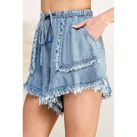 BOHO FRAYED DRAWSTRING DENIM SHORTS (SH7658)