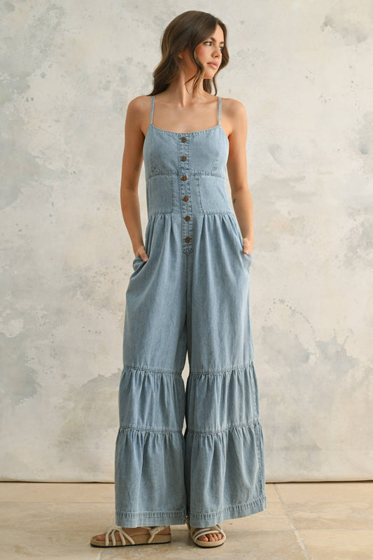 JU4208   TIERED BOTTOM DETAIL CHAMBRAY JUMPSUIT: DENIM / M