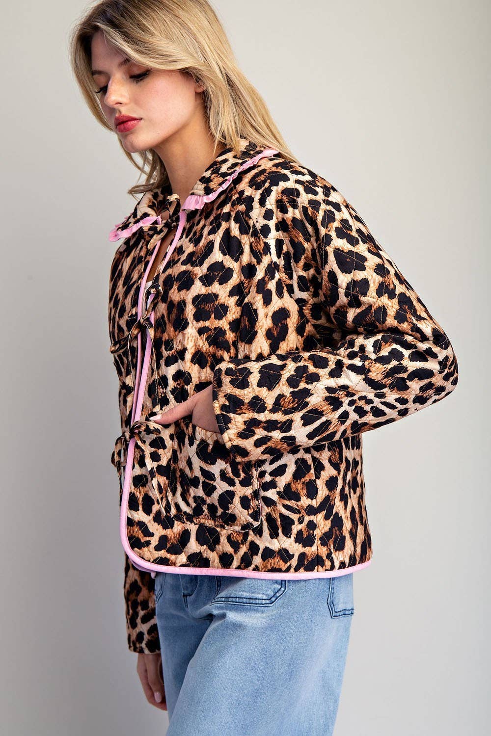 PL9358 - LEOPARD QUILTED PINK CONTRAST TIE FRONT JACKET