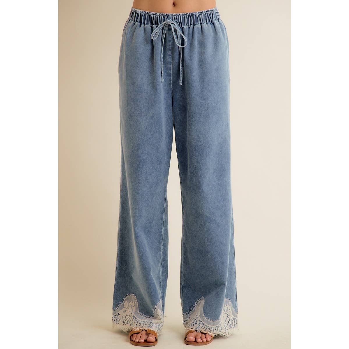 JUNE SHIP  LACE TRIM WIDE LEG ELASTIC MID RISE DENIM PANTS: DENIM