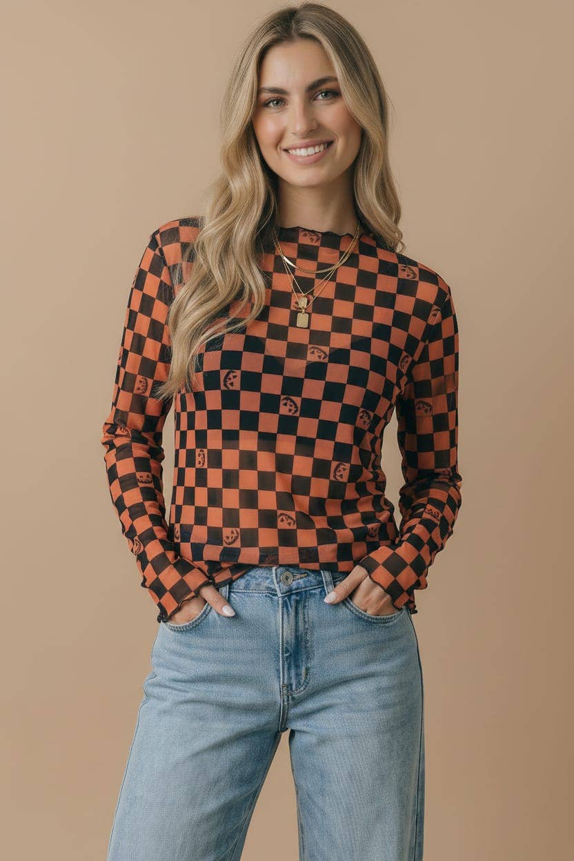 Halloween Pumpkin Merrow Hem Mesh Top: BLACK/ORANGE