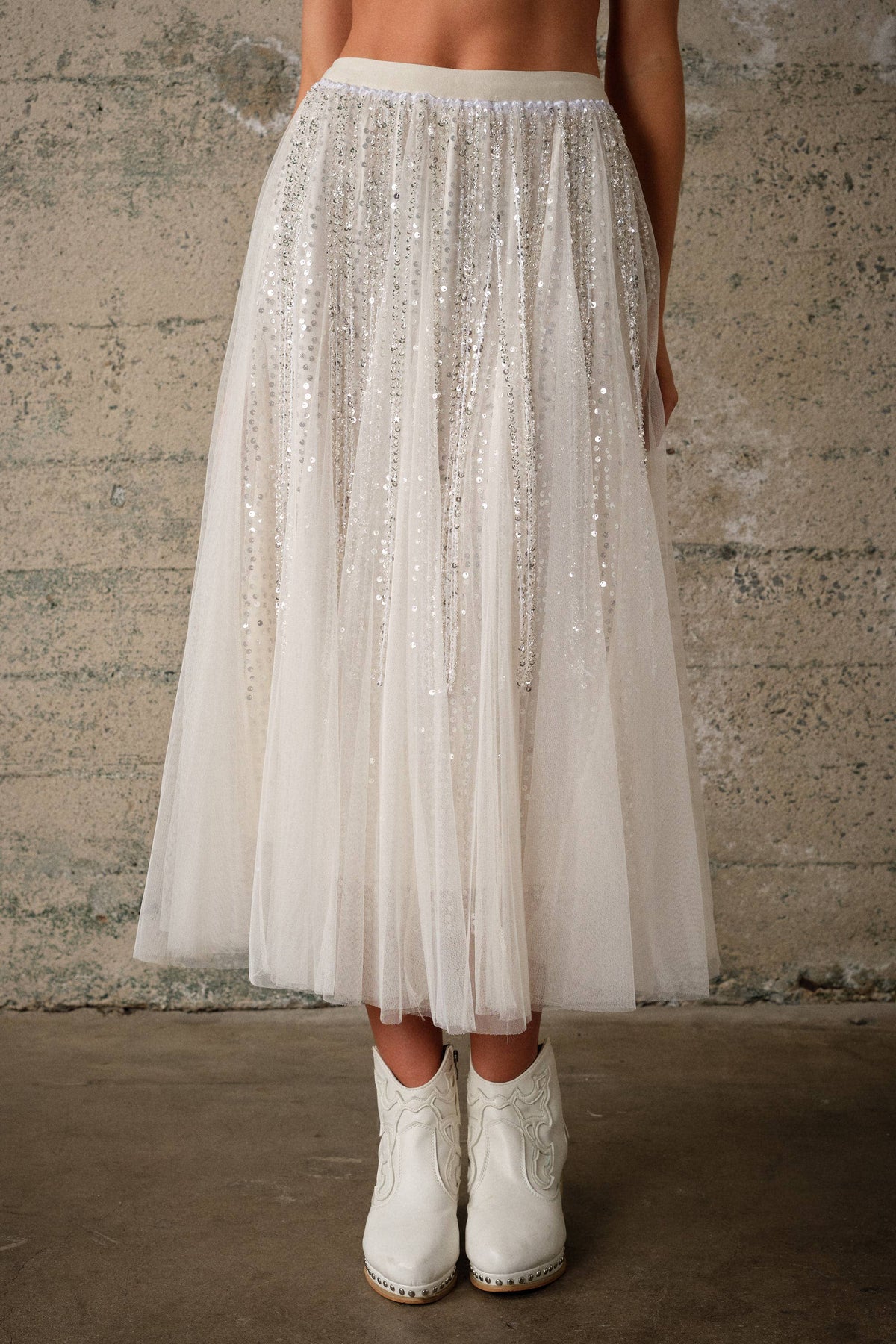 Starlight Beaded Mesh Midi Skirt