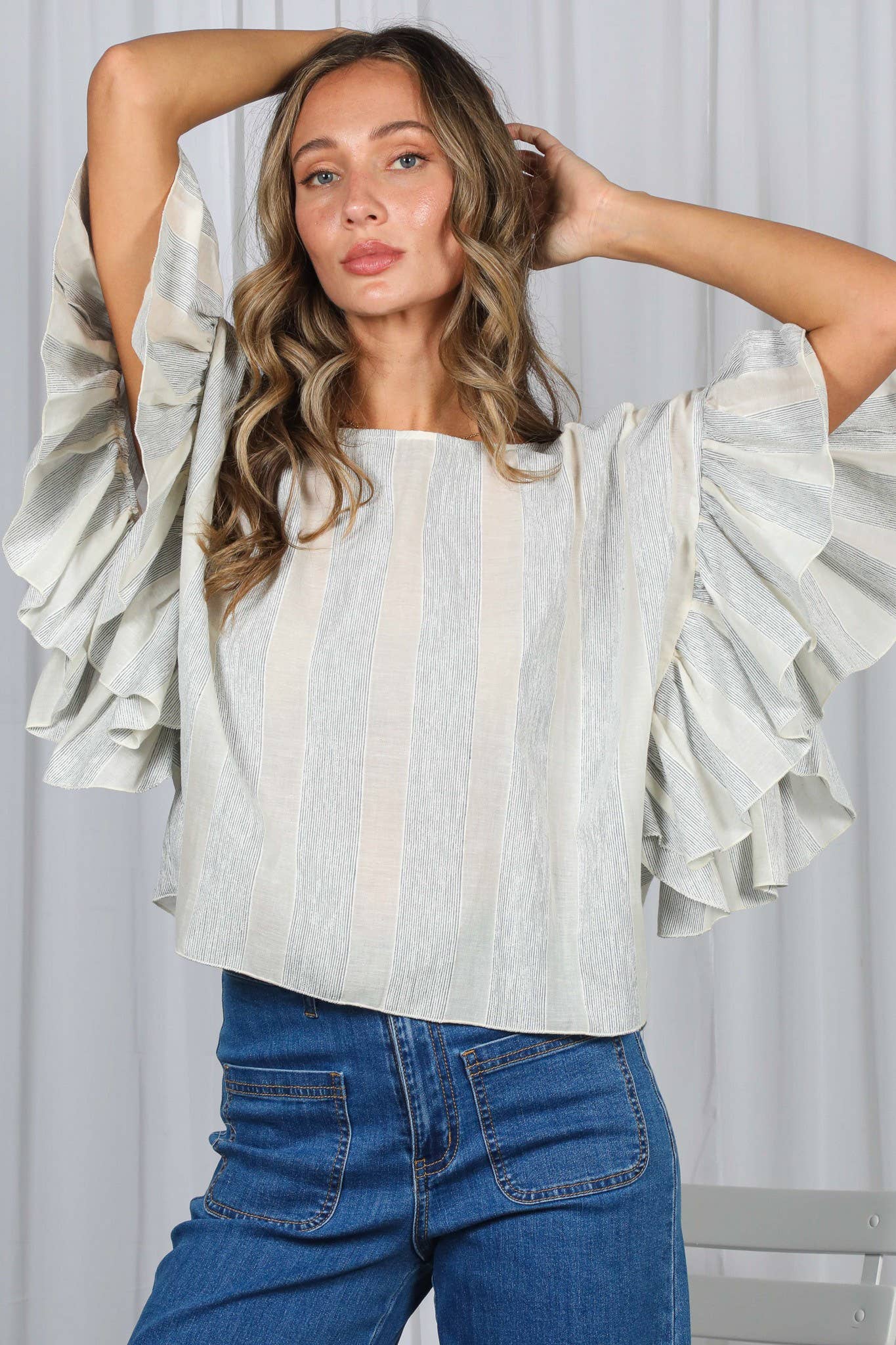 Wild Ruffle Embellished Sleeve Flowy Striped Top VT83104A: Blue