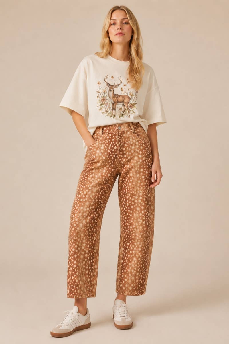 The Fawn Print Barrel Fit Pants: BAMBI BROWN
