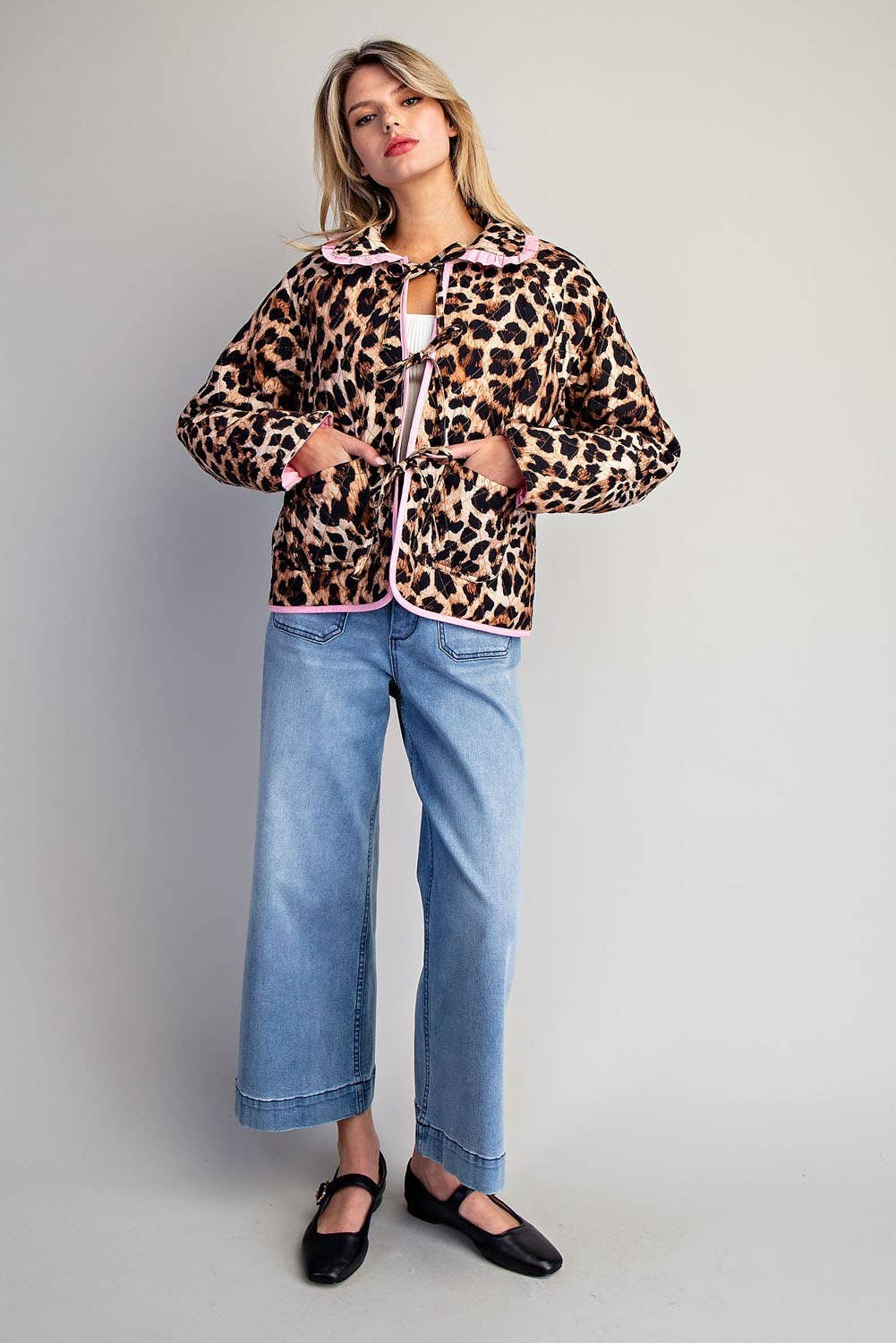 PL9358 - LEOPARD QUILTED PINK CONTRAST TIE FRONT JACKET