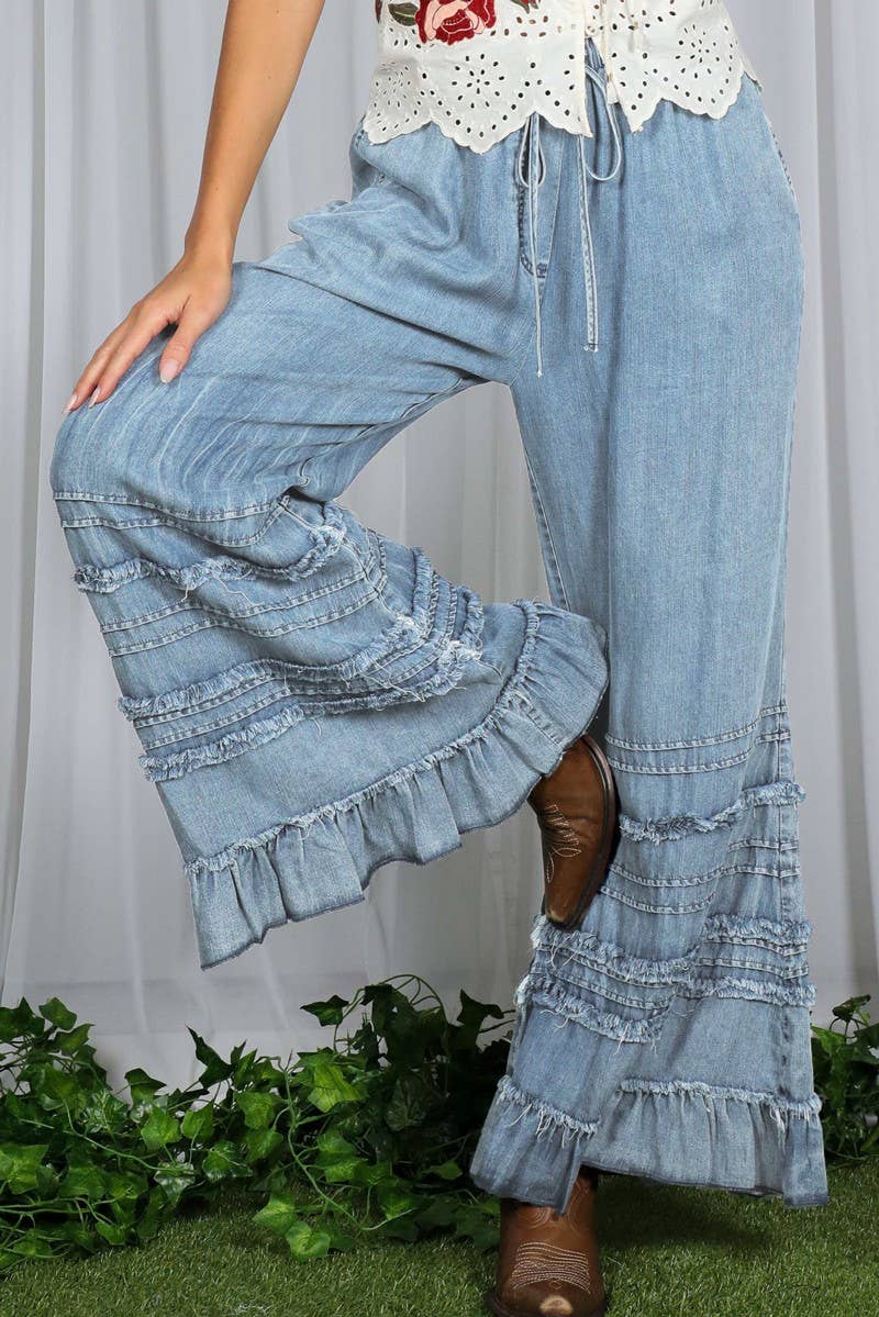 Flared Ruffle Hem Washed Chambray Crop Denim Pants VP83039: Light Denim