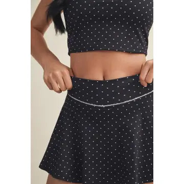 Polka Dot Print Mini Circle Skort with Bow Back and Lace Trim