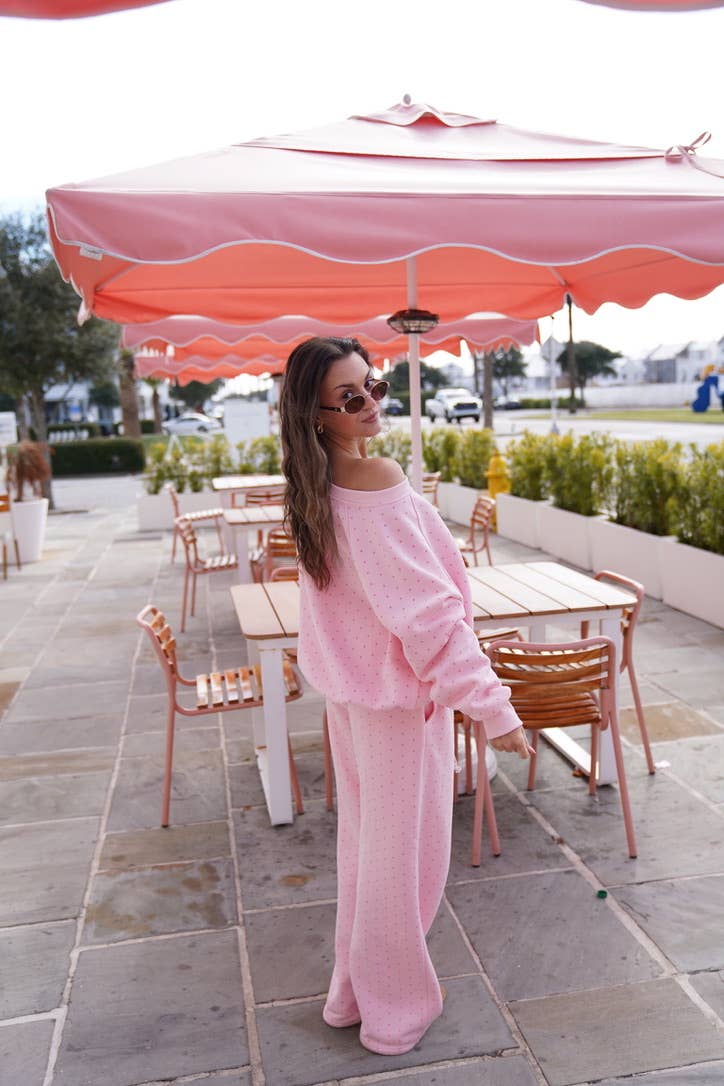 JUNE SHIP SUNKISSED COCONUT Light Pink Polka Dot Off The Shoulder Sweatshirt