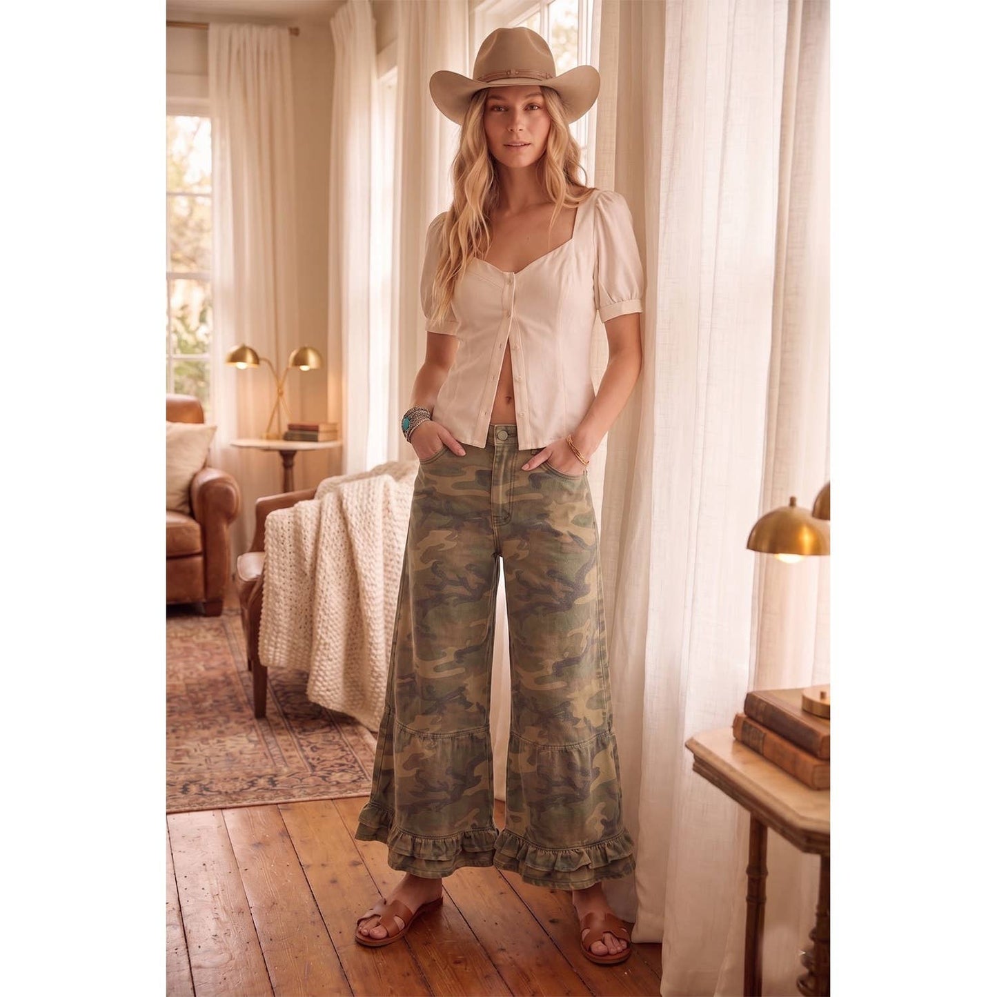 JULY SHIP Ruffle Wide Leg Ruffle Camou
