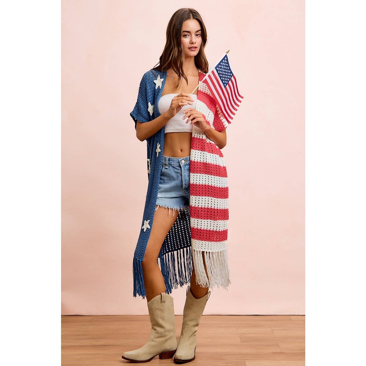4TH OF JULY AMERICAN FLAG OPEN KNIT CARDIGAN