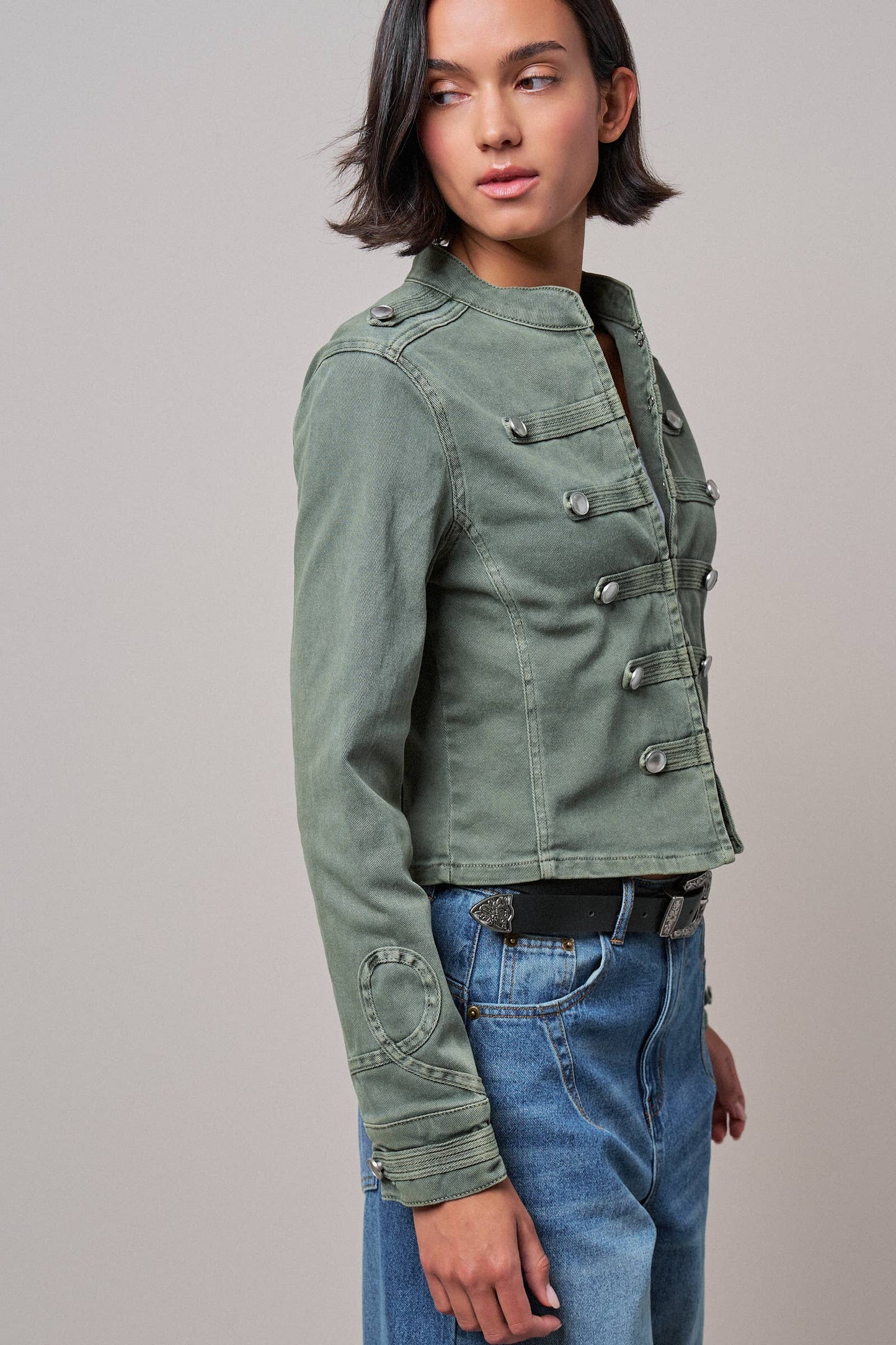 Military Double-Button Stretch Cotton Jacket: Olive