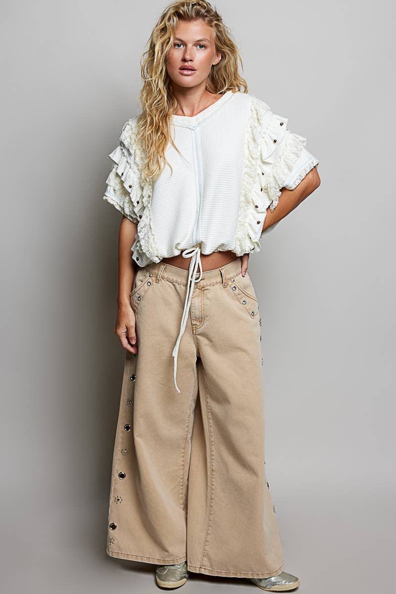 JUNE SHIP  POL  Textured Knit Ruffle Sleeve Lace Stud Cropped Short Top