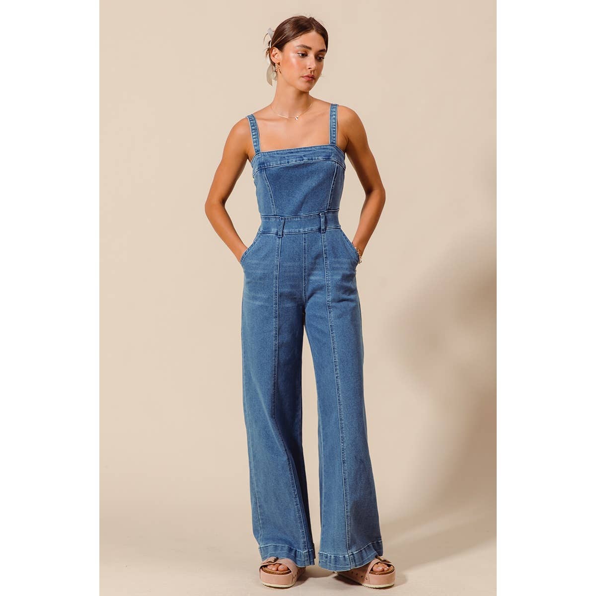 FRONT CUT EXPOSED SEAM WASHED DENIM JUMPSUIT : DENIM