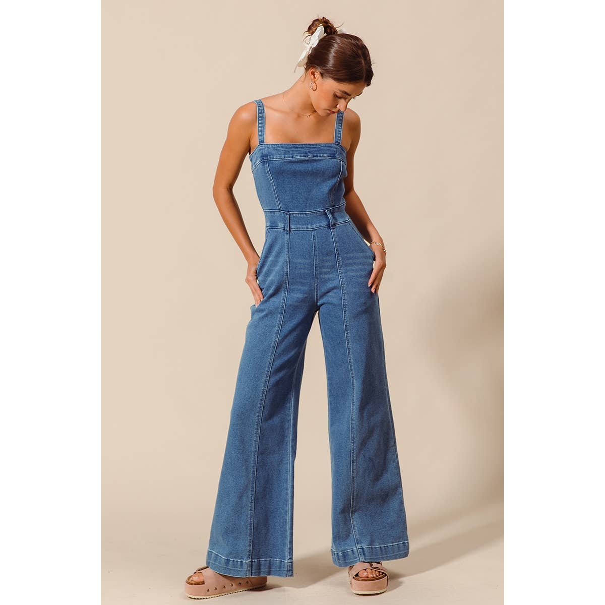 FRONT CUT EXPOSED SEAM WASHED DENIM JUMPSUIT : DENIM