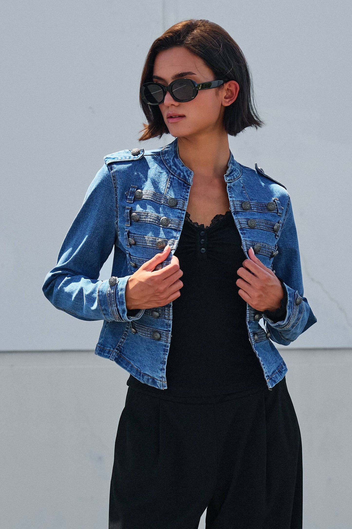 Military Double-Button Denim Jean Jacket: Blue