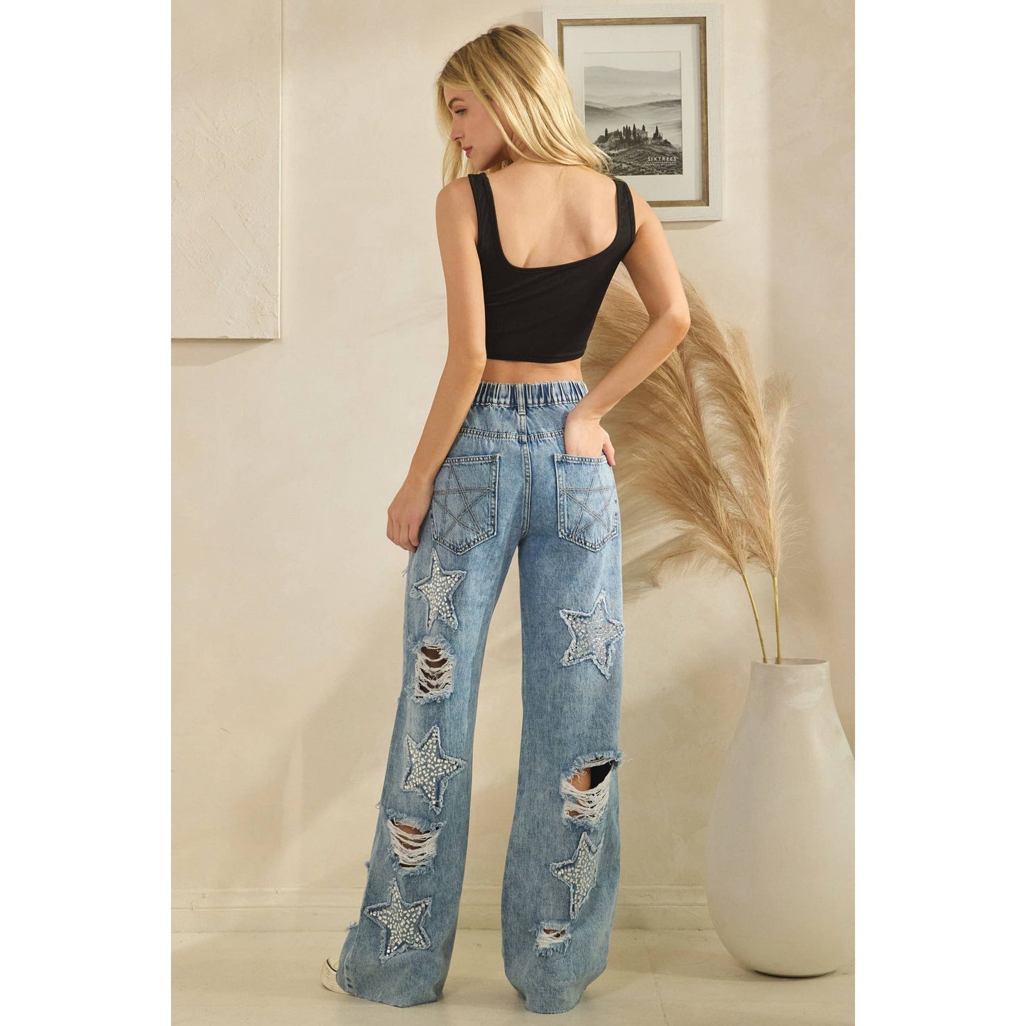 WASHED STONE ON STAR DENIM PANTS