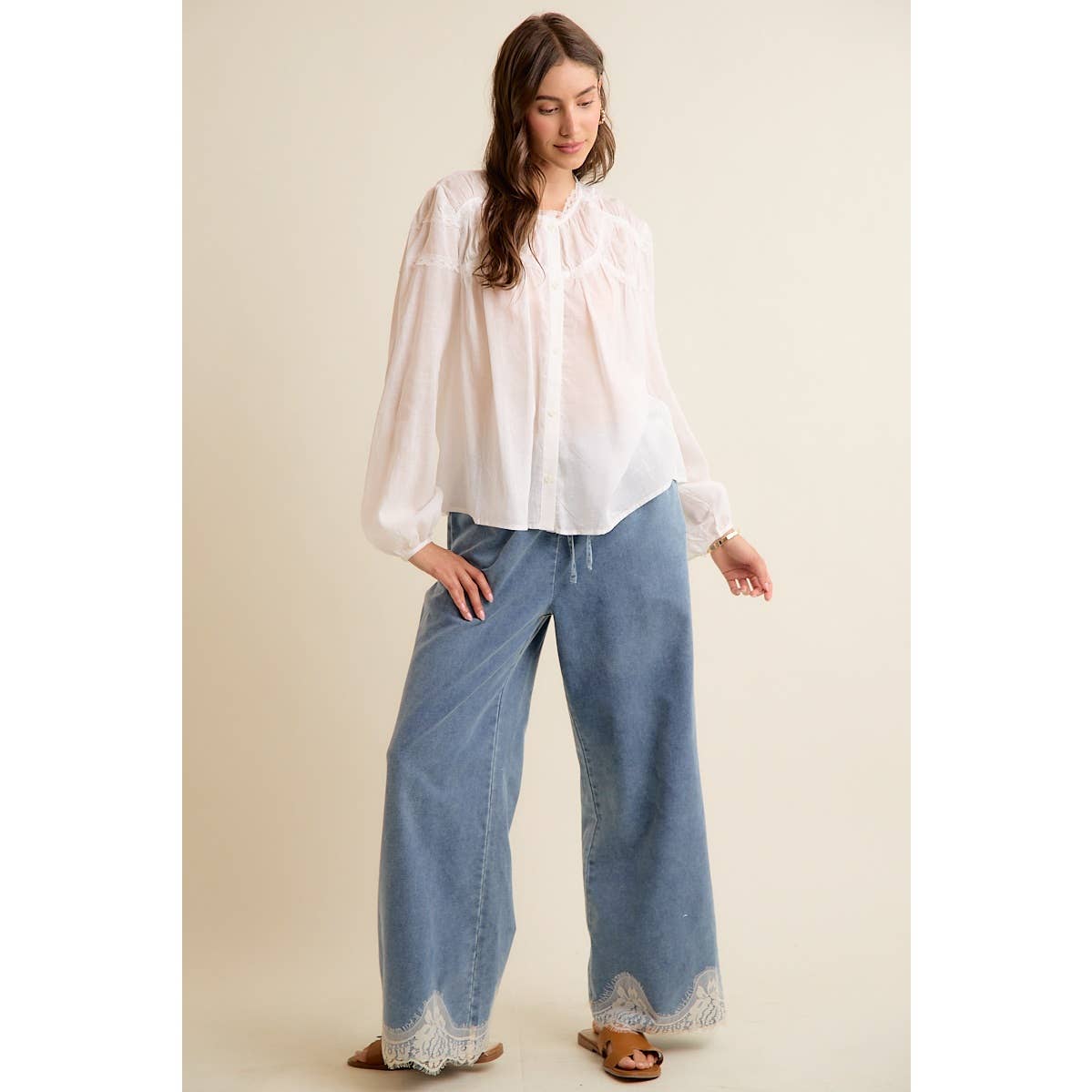 JUNE SHIP  LACE TRIM WIDE LEG ELASTIC MID RISE DENIM PANTS: DENIM