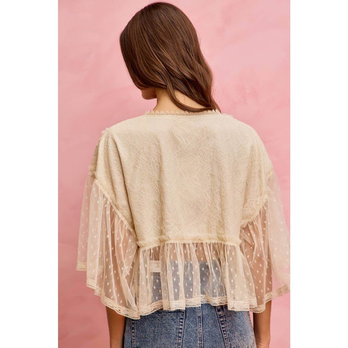 FLORAL APPLIQUE LACE FLOWY V NECK BLOUSE TOP: CREAM