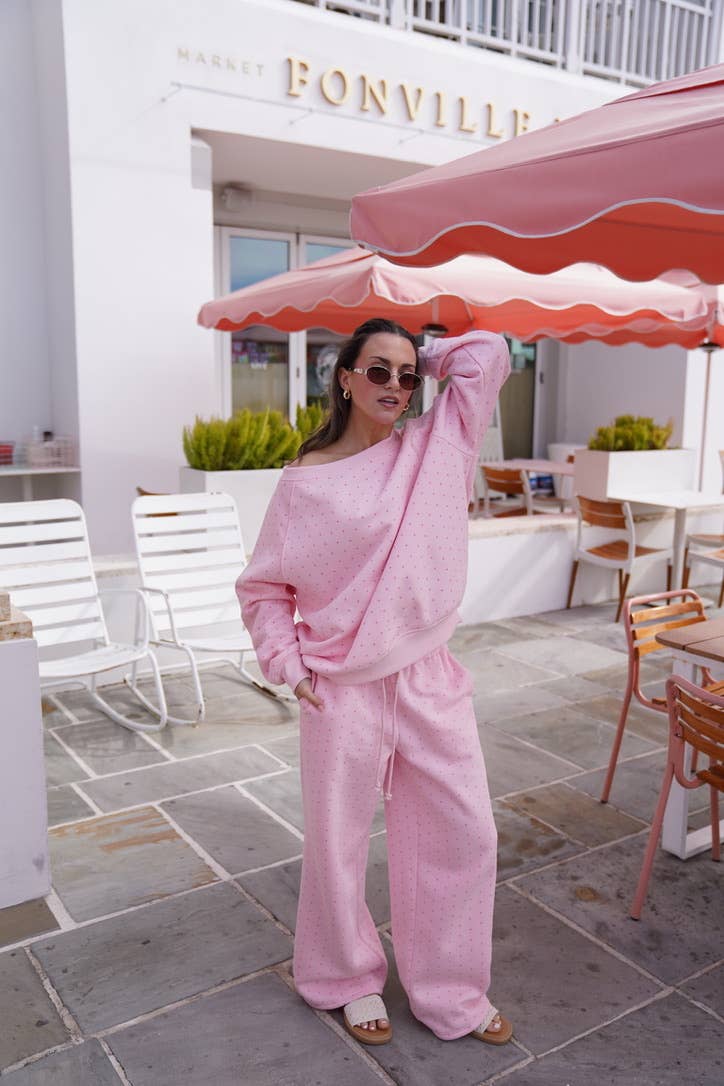 JUNE SHIP SUNKISSED COCONUT Light Pink Polka Dot Off The Shoulder Sweatshirt