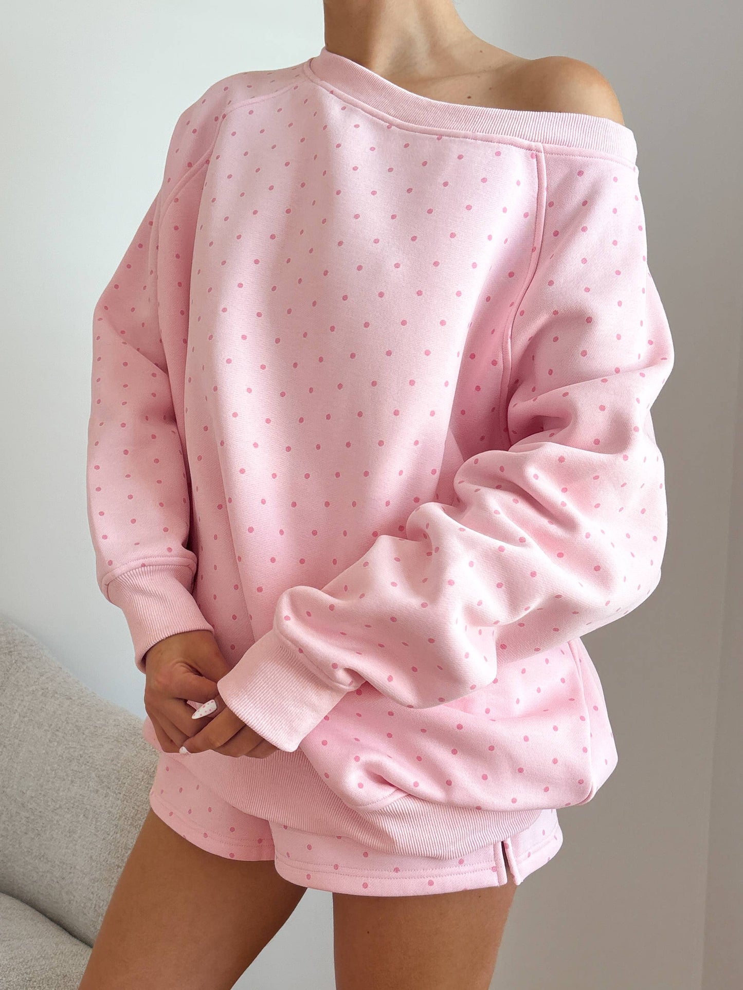 JUNE SHIP SUNKISSED COCONUT Light Pink Polka Dot Off The Shoulder Sweatshirt