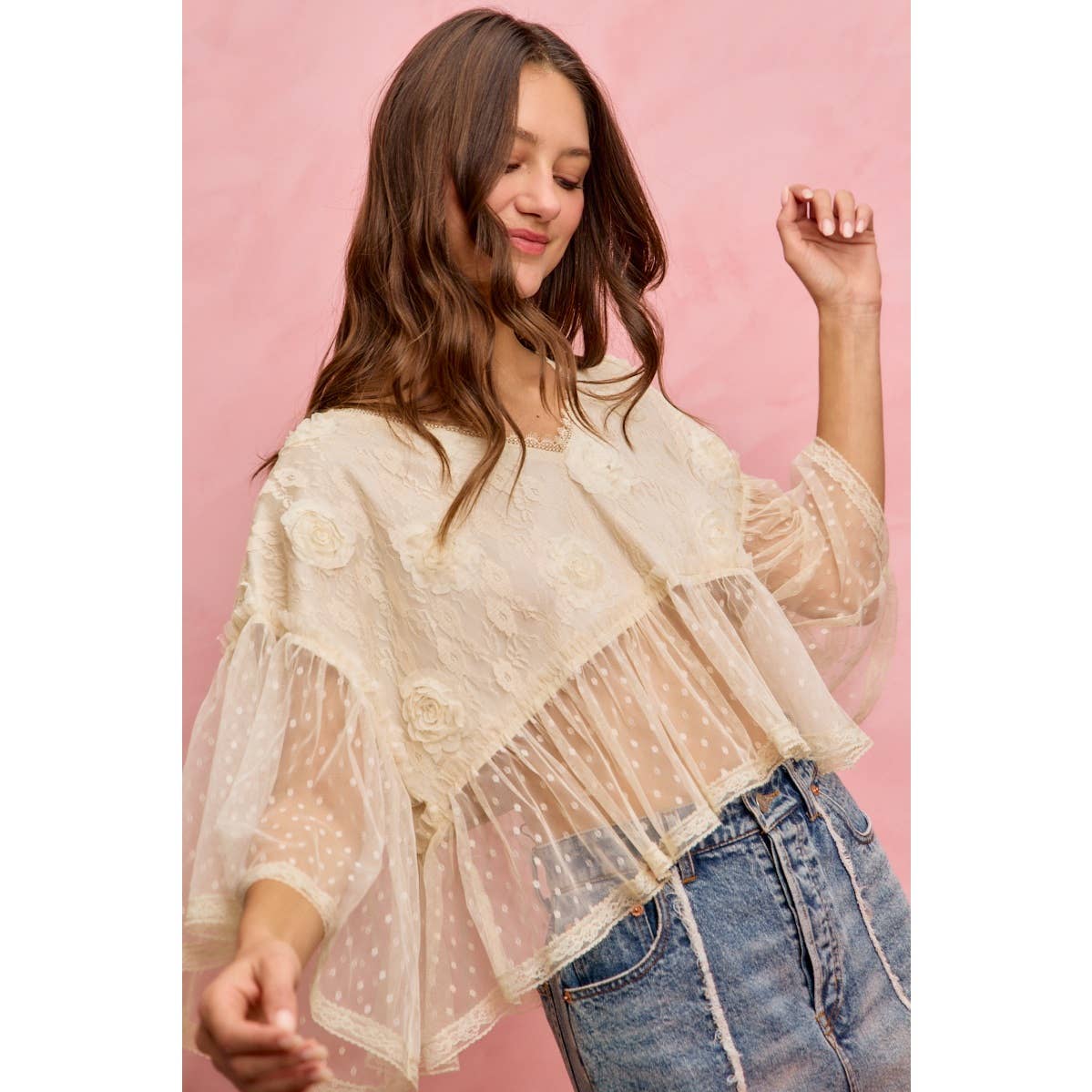 FLORAL APPLIQUE LACE FLOWY V NECK BLOUSE TOP: CREAM