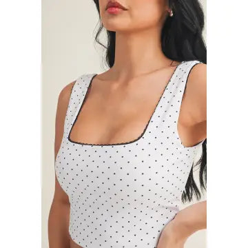 Polka Dot Print Crop Top with Lace Trim