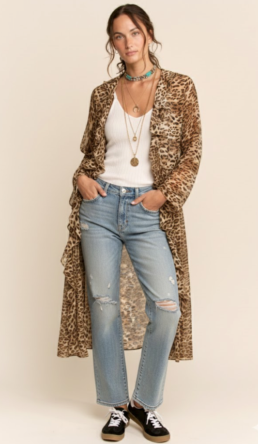 ANIMAL PRINT RUFFLED CHIFFON LONG CARDIGAN