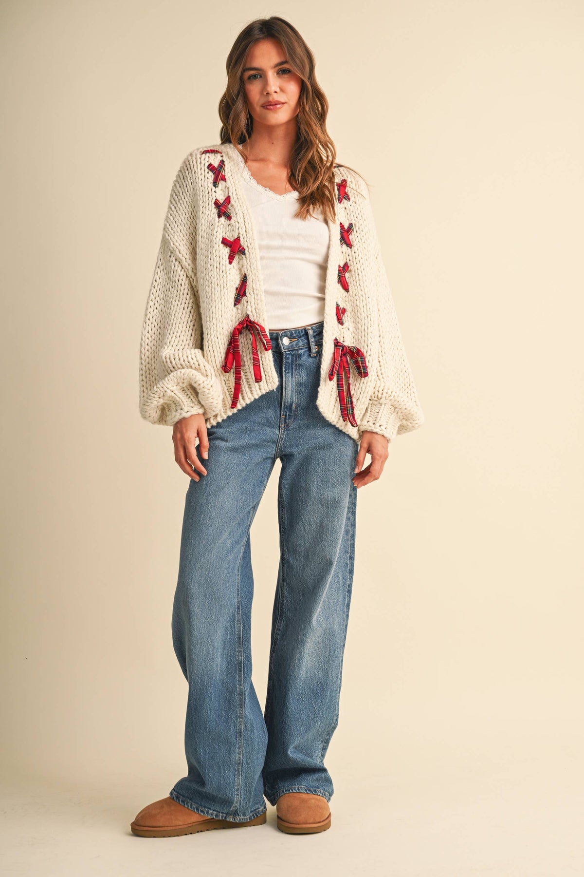 IJ1862-A  TARTAN PATTERN BRAIDED CHUNKY KNIT CARDIGAN
