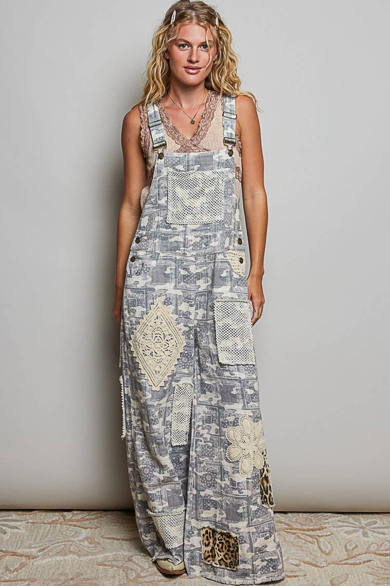 POL Crochet Contrast Patch Detail Chest Pocket Woven Overalls: ALMOND CAMO